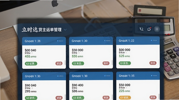 立时达货主版运单管理列表界面,展示多张运单卡片,包含运费、状态标签,背景为办公桌与计算器