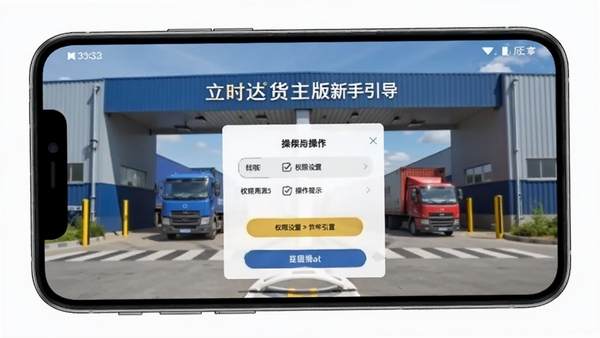 立时达货主版新手引导界面,手机屏幕显示权限设置与操作提示,背景为物流园区入口