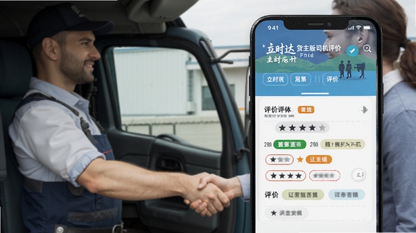 立时达货主版司机评价界面,手机屏幕显示五星评分与评价标签,背景为司机与货主握手场景