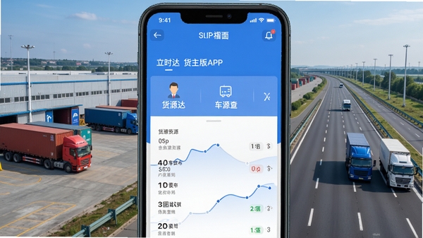 立时达货主版APP主界面截图,展示货源发布与车源查找功能,界面简洁现代,蓝色调为主,手机屏幕显示货运物流信息,背景为物流园区或高速公路场景