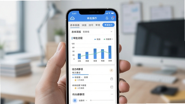 简道云移动端操作界面截图,展示表单填报与审批流程页面,手机屏幕中呈现数据图表和待办事项列表,清新商务风格