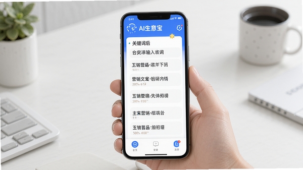 AI生意宝手机界面展示智能文案生成功能,输入关键词后自动生成多条营销文案,界面简洁明亮,突出AI智能助手概念