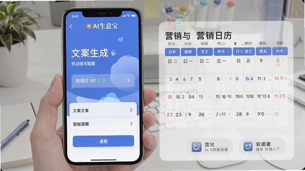 AI生意宝移动端操作界面截图,展示文案生成与营销日历功能,手机屏幕清晰,突出便捷操作与智能提醒