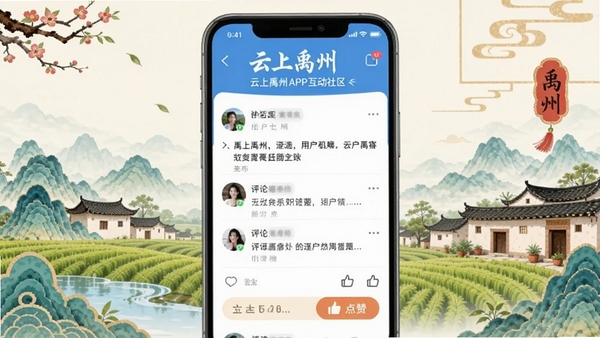 云上禹州APP互动社区页面,展示用户发帖、评论、点赞界面,带有禹州地方元素装饰,突出互动社交属性