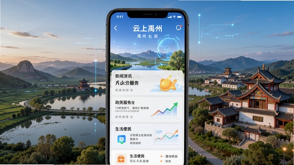 云上禹州APP首页界面展示,包含新闻资讯、政务服务、生活便民等板块,手机屏幕显示禹州本地风光背景,现代科技感与地方特色融合
