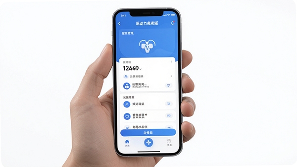 医动力患者版APP界面展示,手机屏幕显示健康管理界面,蓝色调设计,简洁现代风格