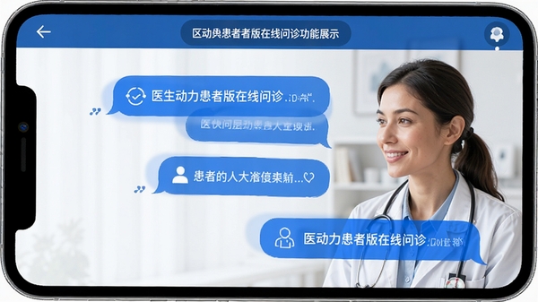 医动力患者版在线问诊功能展示,医生与患者文字交流界面,蓝色气泡对话框设计