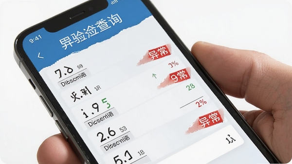 医动力患者版检验报告查询界面,手机屏幕显示各项指标数据,异常数值用红色标注