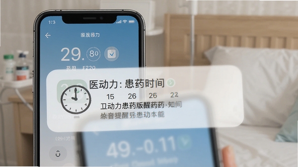 医动力患者版用药提醒功能展示,手机闹钟通知界面显示服药时间和药品名称