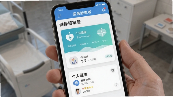 医动力患者版健康档案管理界面,手机屏幕显示个人健康信息卡片式布局