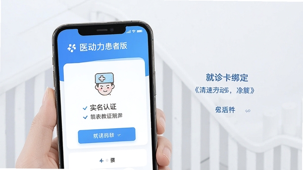 医动力患者版使用教程示意图,手机屏幕显示实名认证和就诊卡绑定步骤