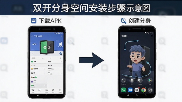 ˫�������ռ䰲װ����ʾ��ͼ��չʾ������APK�������������������̣������ֻ����������ͼ