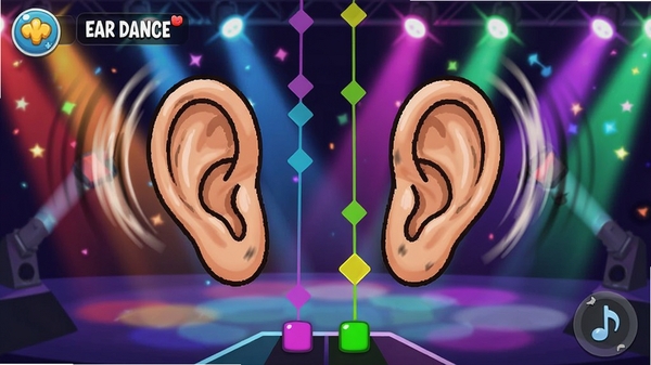 Ear Dance游戏界面中一对卡通耳朵跟随音乐节奏疯狂舞动,屏幕上有彩色节奏点下落,背景是炫彩舞台灯光,整体风格活泼搞笑,手机游戏截图风格
