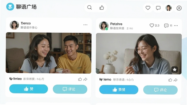 ����������̬�㳡ҳ�棬չʾ�û�������ͼ�Ķ�̬��Ƭ�����е��޺����۰�ť��������ɫ���£���������������������
