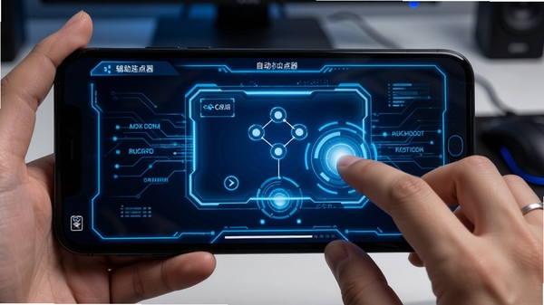 游戏脚本辅助连点器 手机屏幕 自动点击 多点触控 科技感界面 蓝色光效