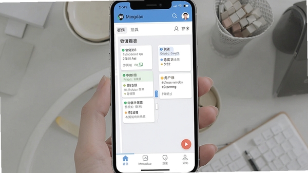 Mingdao软件在手机上的操作界面截图,展示一个用户正在使用看板视图管理任务,卡片可以拖拽,界面简洁,底部有导航栏,体现移动端便捷操作的特点
