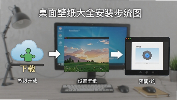 桌面壁纸大全安装步骤示意图,展示从下载到设置壁纸的完整流程,包含权限开启和预览界面