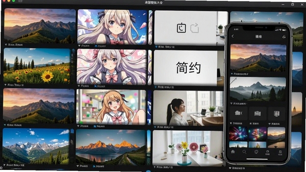 桌面壁纸大全软件界面展示,海量高清壁纸分类排列,包含风景、动漫、简约等风格,手机屏幕预览效果