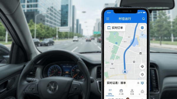 径出行司机端APP主界面展示,手机屏幕显示实时订单列表和地图导航,背景为城市道路,风格简洁现代,突出蓝色品牌色,画面清晰明亮