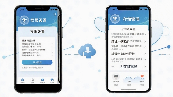 精诚中医软件安装使用教程示意图,手机界面展示权限设置和存储管理步骤