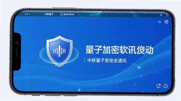 中移量子密讯软件启动界面展示,手机屏幕中显示量子加密盾牌图标与安全通讯字样,背景为科技蓝渐变,突出安全与隐私保护主题