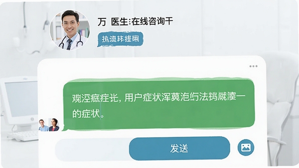 ��ҽ��������ѯ������棬�û���������֢״�������Ի����Ϸ���ʾҽ��ͷ��Ϳ��ұ�ǩ������ײ��С����͡���ť��ͼƬ�ϴ�ͼ�꣬����Ϊǳɫҽ�Ʒ������ҽ����ͨ�ı�ݳ���