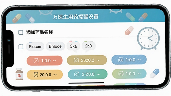 ��ҽ����ҩ��������ҳ�棬չʾ����ҩƷ���ơ�ѡ�����Ƶ�κ�ʱ��Ľ��棬��Ļ���ж������ʱ���ǩ����������ҩ���ʱ�ӵı�ƽ��ͼ�꣬ͻ��������������
