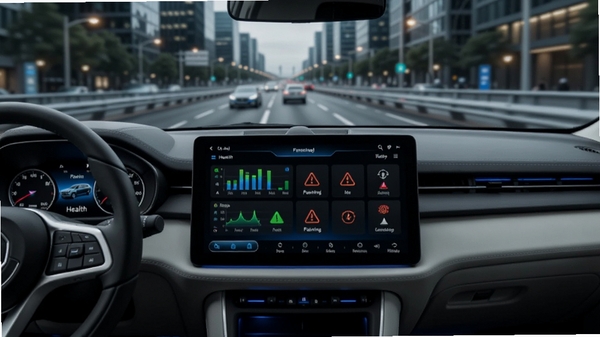 ����ָ�ӹ�����������չʾ��һ���ִ�SUV��ʻ�ڳ��е�·�ϣ������п�����ʾ�����������������Ԥ��ͼ�꣬�Ƽ���ʮ�㣬��ɫ��Ч������дʵ���