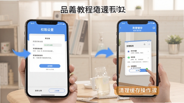 品好生活APP使用教程示意图,手机屏幕展示权限设置页面和清理缓存操作步骤,配有箭头指引和文字标注