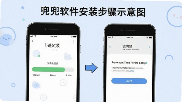 兜兜软件安装步骤示意图,手机屏幕显示安装进度条和权限设置界面,简洁明了的操作指引风格