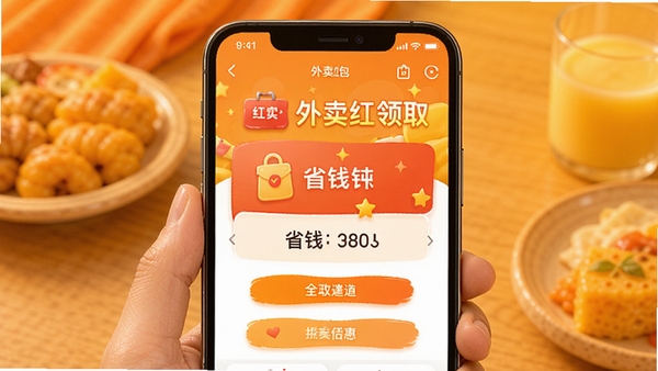 外卖点餐特惠省软件界面展示,手机屏幕上显示外卖红包领取页面,背景为温馨的橙色和黄色调,突出省钱主题