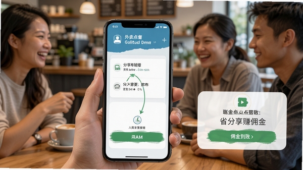 外卖点餐特惠省分享赚佣金功能展示,手机屏幕显示分享链接和佣金到账通知,社交场景