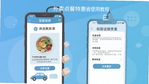 外卖点餐特惠省使用教程示意图,手机屏幕显示安装步骤和权限设置界面,简洁扁平风格