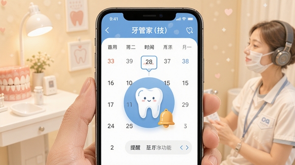 牙管家(技)复诊提醒功能界面,手机显示日历提醒设置页面,标注牙齿复诊时间,配有牙齿图标和提醒铃铛,温馨提醒风格