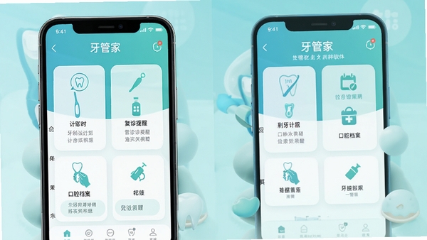 牙管家(技)软件界面展示图,手机屏幕显示口腔健康管理应用的主页,包含刷牙计时、复诊提醒、口腔档案等功能模块,清新蓝绿色调,简洁现代UI设计