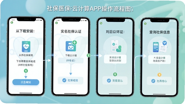 �籣ҽ���Ƽ���APP��������ͼ��չʾ�����ذ�װ��ʵ����֤�ٵ���ѯ�籣��Ϣ���������裬�ֻ���Ļ����չʾ������Ϊ��͵�����ɫ��