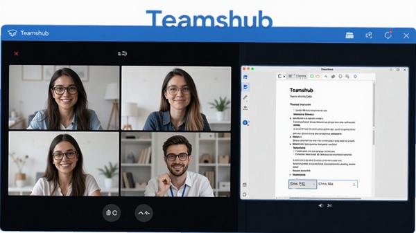 Teamshub����Ƶ������棬������Ƶͨ�����ڣ���Ļ����չʾ�ĵ�����ɫ��Լ�����������Teamshub��Ŀ��ʾ