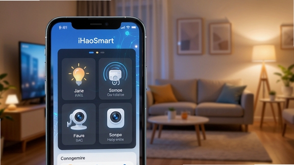 iHaoSmart���ܼҾ�APP����չʾ���ֻ���Ļ��ʾ��������������壬�ƹ⡢�յ�������ͷͼ���������У�����Ϊ��ܰ��ͥ�������Ƽ�����������ں�