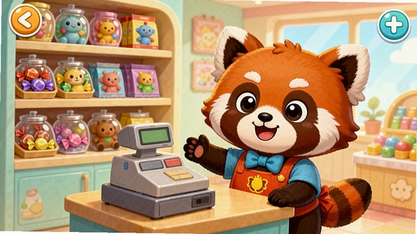 宝宝当店长游戏界面中,可爱的卡通小熊猫店长正在收银台前微笑着为顾客结账,货架上摆满了色彩缤纷的糖果和玩具,背景是温馨明亮的店铺环境