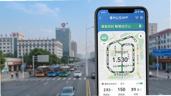 亳州公交APP官方界面展示图,手机屏幕显示实时公交地图与到站倒计时,背景为亳州市区街景,风格简洁现代,突出智慧出行主题