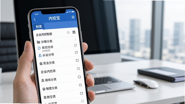 内控宝手机端制度文件检索界面,清爽列表展示企业内控制度分类,蓝色主色调,商务办公风格