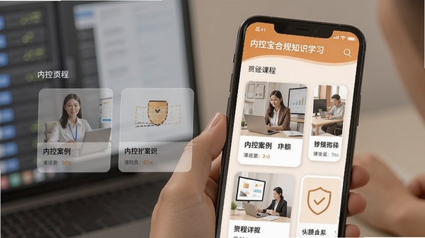 内控宝合规知识学习页面,卡片式图文课程展示,员工在手机上阅读内控案例,暖色简约风格