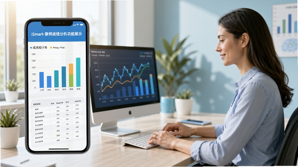 iSmart-��ʦ�ɼ���������չʾ���ֻ���Ļ��ʾ��״ͼ�ͳɼ�ͳ�Ʊ��񣬽�ʦ�칫����������ɫ�����ִ������Ƽ����