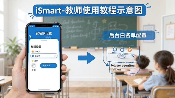 iSmart-��ʦʹ�ý̳�ʾ��ͼ���ֻ�����չʾ��װȨ�����úͺ�̨���������ò��裬��ѧ���������ע����ɫ����