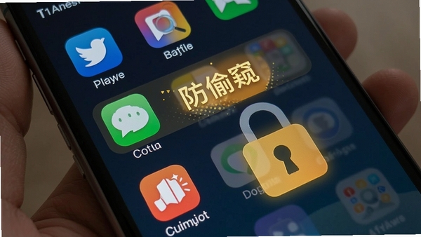 防偷窥软件应用锁设置界面,列表展示多个App图标,防偷窥字样高亮,手机屏幕呈现安全锁图案