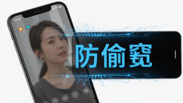 防偷窥软件智能感应界面展示,手机屏幕检测到侧方有人时自动模糊,科技感蓝色光效,软件名称防偷窥醒目显示