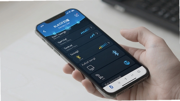 ���������豸APP����ɨ�����չʾ���ֻ���Ļ��ʾ��Χ�����豸�б��������ź�ǿ��ָʾ�����Ƽ�����ɫ�������UI���