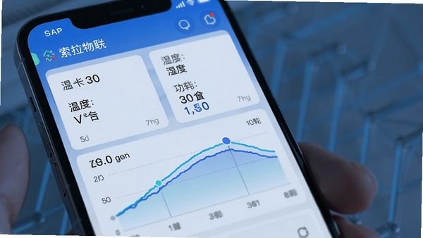 索拉物联APP实时设备状态监控界面,显示温度、湿度、功耗等数据曲线图,手机屏幕特写,科技蓝色调