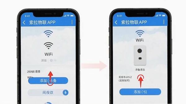 索拉物联APP新手配网操作步骤截图,展示手机连接WiFi与设备添加界面,清晰标注每一步操作位置