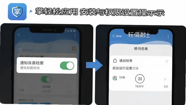 掌轻松应用安装与权限设置操作示意图,展示手机屏幕上的通知权限开关与后台运行设置界面,带有掌轻松图标,简洁明了的教程风格